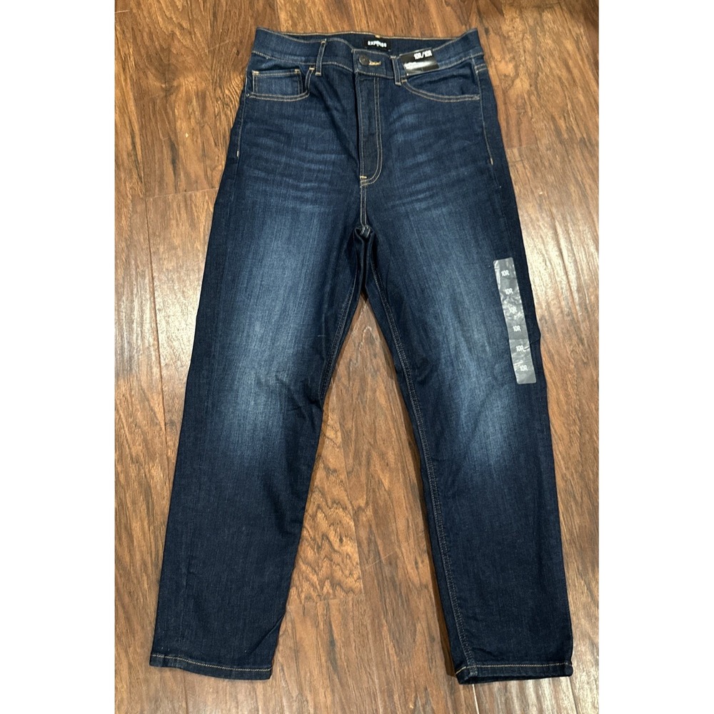 Express Mom Jeans Women's 10 Super High Rise Dark Wash Blue Stretch Denim Buckle